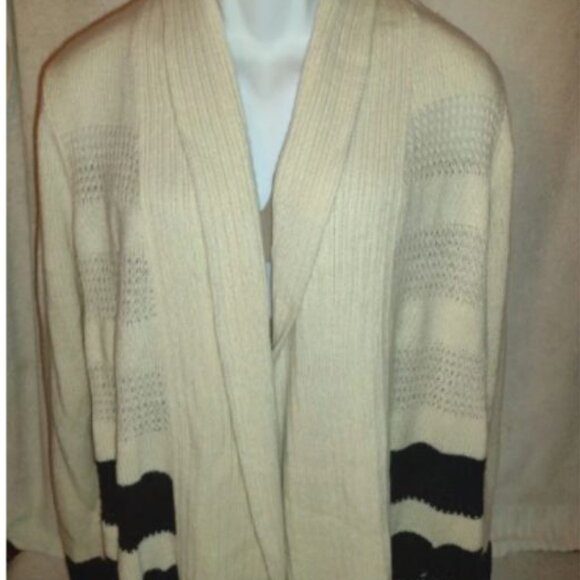 DAISY FUENTES long cardigan knit Sweater, white w/ blue stripes in size Medium - Picture 1 of 6